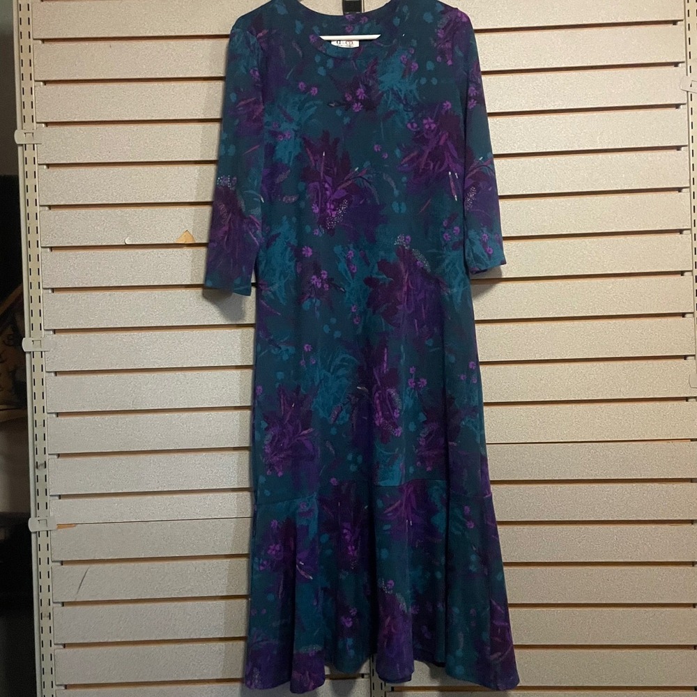Denim & Co Teal Purple Floral Knit Midi Dress 3/4 Sleeve Drop Waist Small